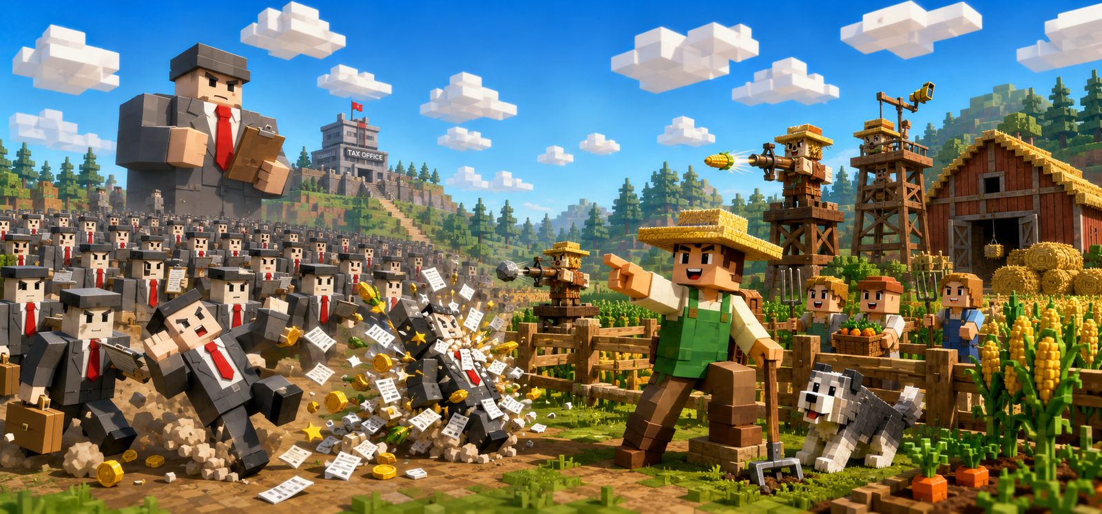 CropCorp key art — a farmer in a straw hat stands in his fields while an army of grey-suit collectors pours down from the tax office on the hill, scarecrow turrets firing corn overhead