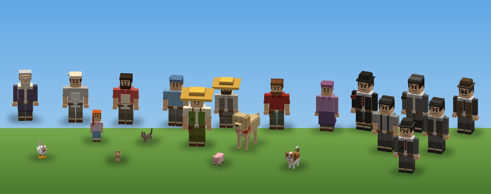 The whole CropCorp cast in a field: the farmer in a straw hat with the village and its animals on the left, the Taxman and his grey-suit collectors standing apart on the right