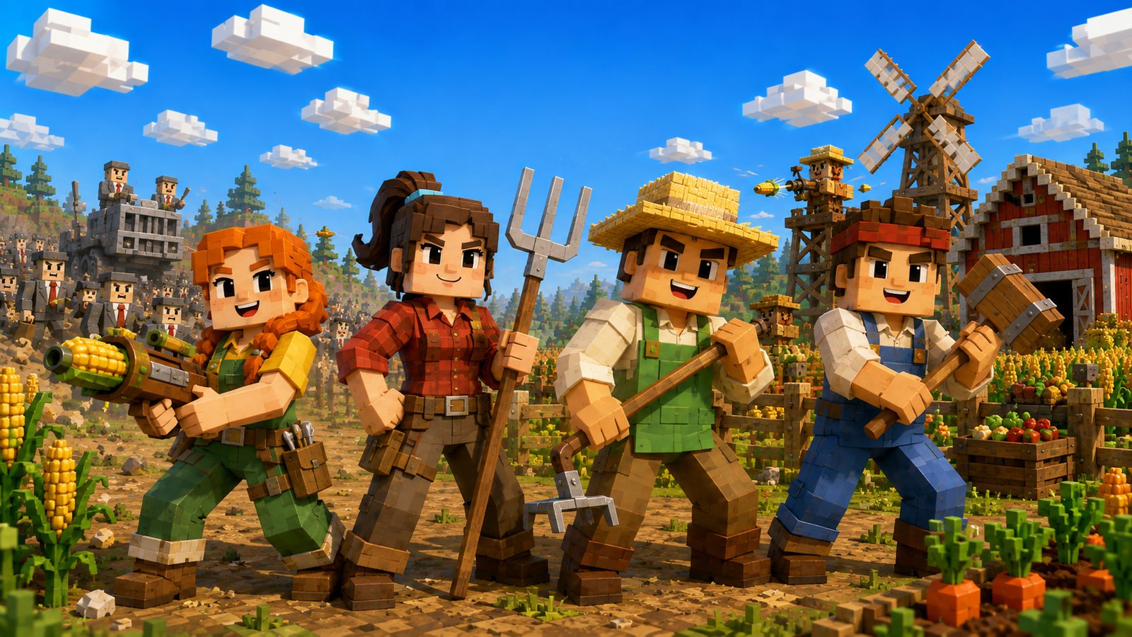 CropCorp key art — four blocky farmhands stand together in a field, armed with a corn-cob gun, a pitchfork, a hoe and a mallet, with a windmill and barn behind them