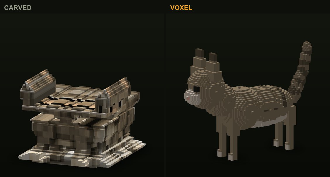 The cat in CropCorp, before and after: the first carved version and the authored voxel model that shipped