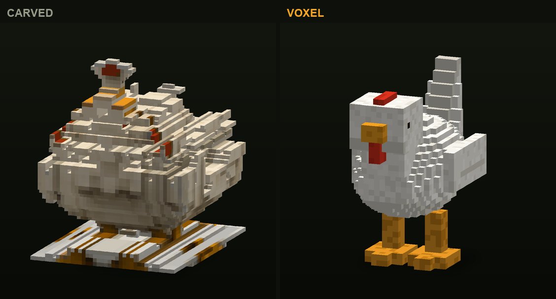 The hen in CropCorp, before and after: the first carved version and the authored voxel model that shipped