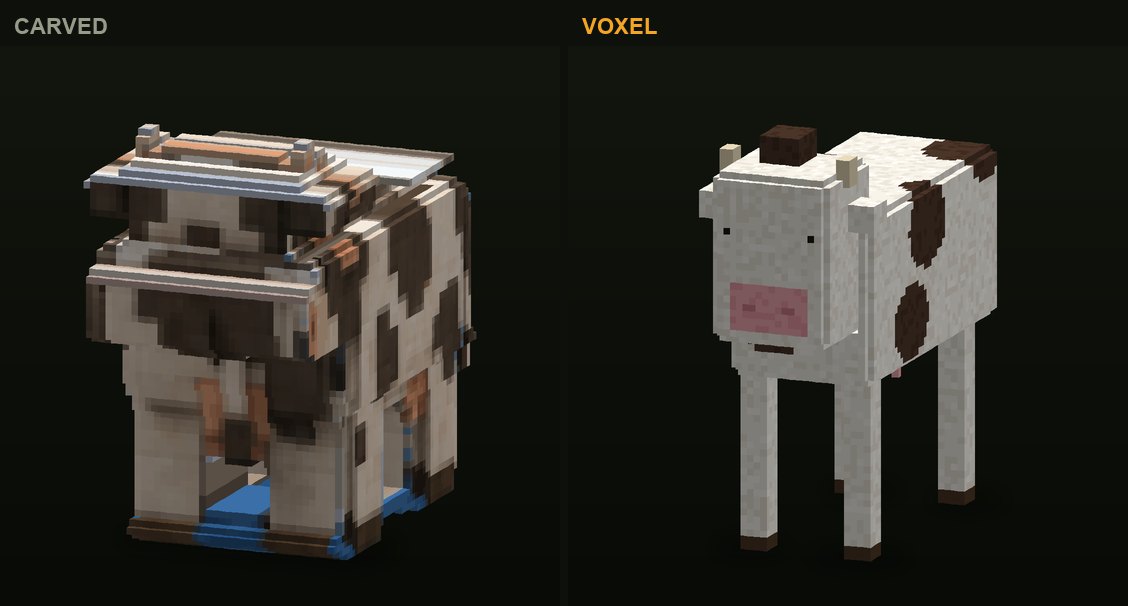The cow in CropCorp, before and after: the first carved version and the authored voxel model that shipped