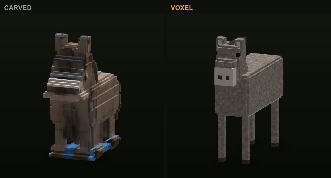 The donkey in CropCorp, before and after: the first carved version and the authored voxel model that shipped
