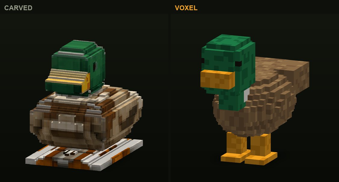 The duck in CropCorp, before and after: the first carved version and the authored voxel model that shipped