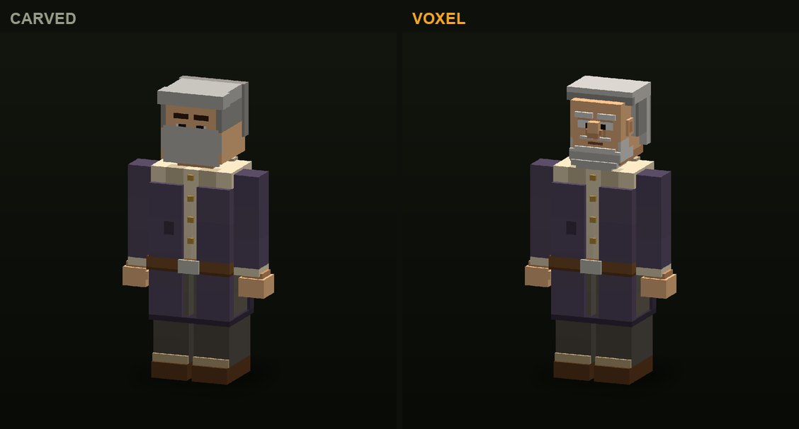 The elder in CropCorp, before and after: the first carved version and the authored voxel model that shipped