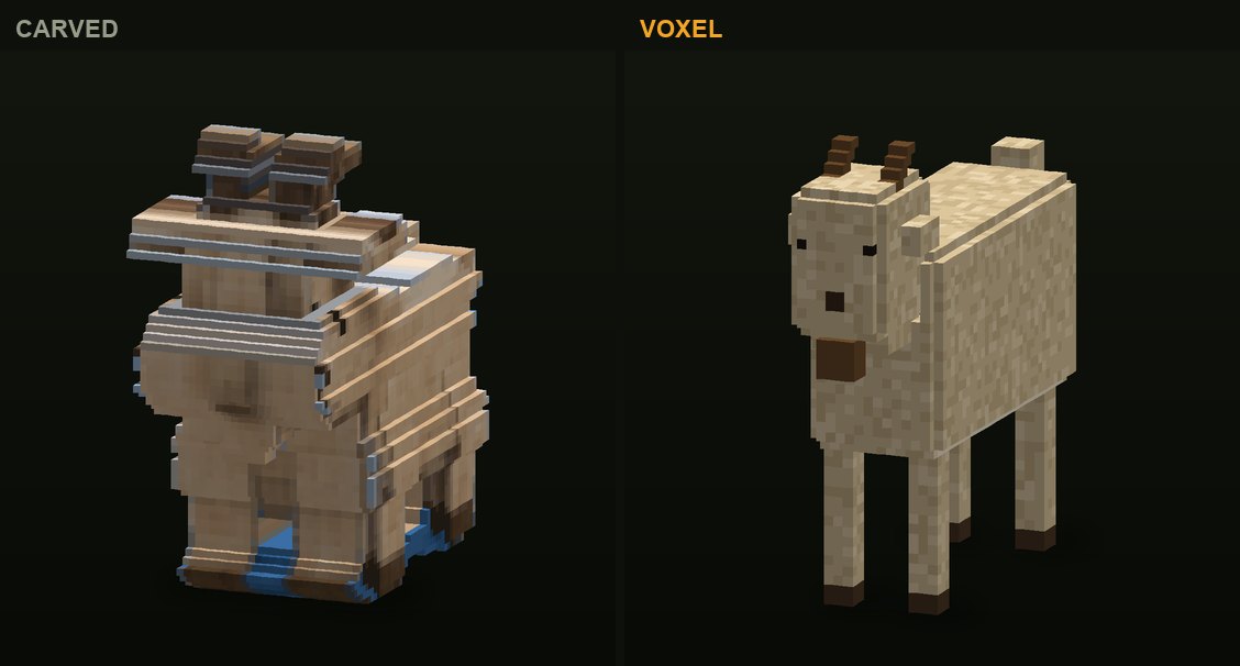 The goat in CropCorp, before and after: the first carved version and the authored voxel model that shipped