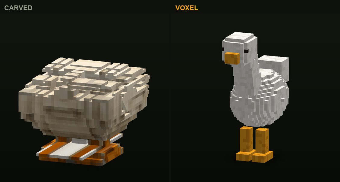 The goose in CropCorp, before and after: the first carved version and the authored voxel model that shipped