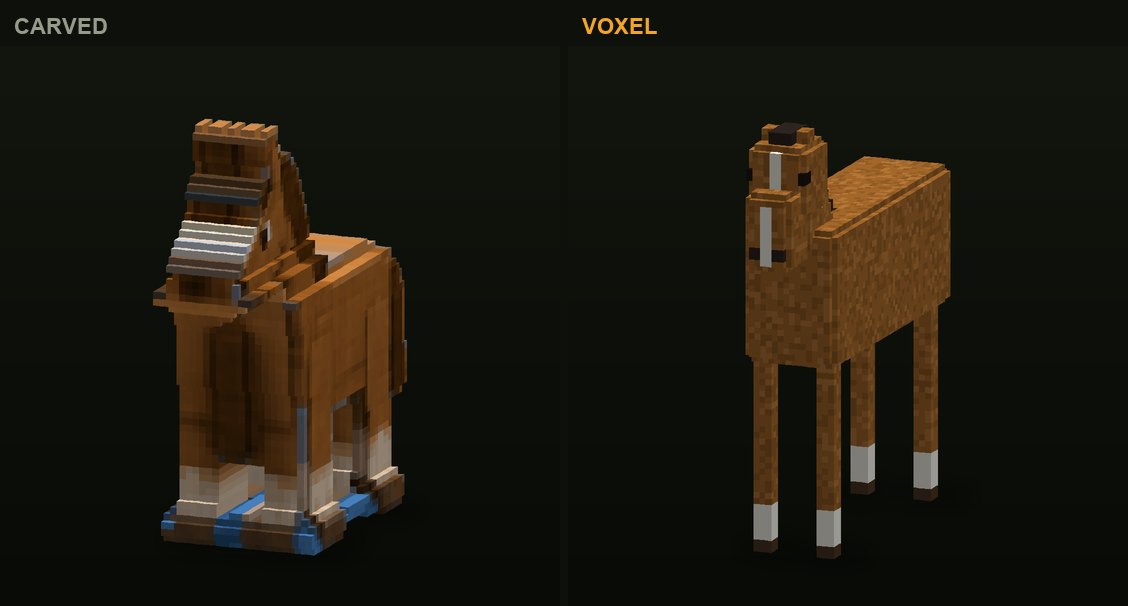 The horse in CropCorp, before and after: the first carved version and the authored voxel model that shipped