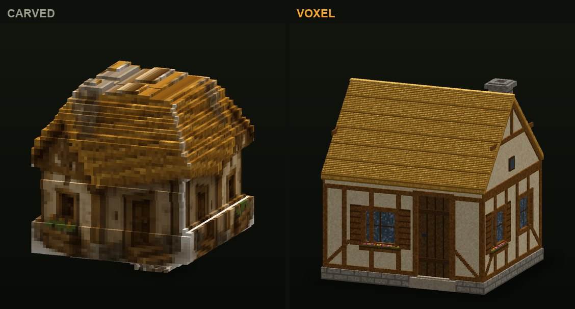 The cottage in CropCorp, before and after: the first carved version and the authored voxel model that shipped