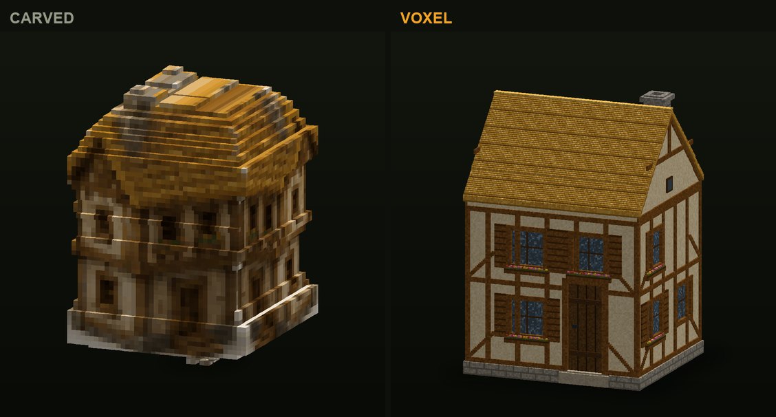 The two-floor cottage in CropCorp, before and after: the first carved version and the authored voxel model that shipped