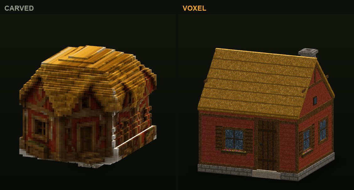 The farmhouse in CropCorp, before and after: the first carved version and the authored voxel model that shipped
