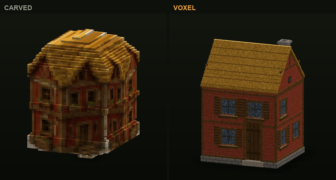 The two-floor farmhouse in CropCorp, before and after: the first carved version and the authored voxel model that shipped