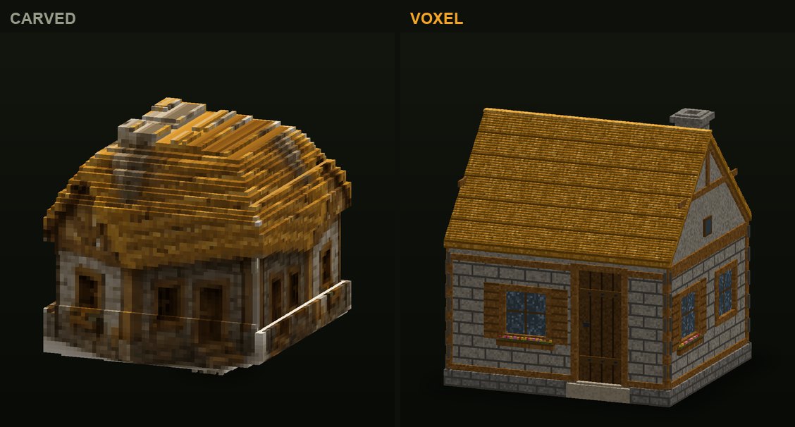 The stone house in CropCorp, before and after: the first carved version and the authored voxel model that shipped