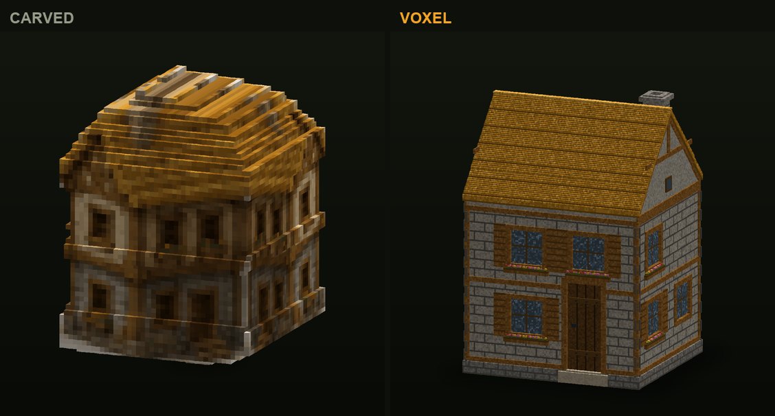 The two-floor stone house in CropCorp, before and after: the first carved version and the authored voxel model that shipped