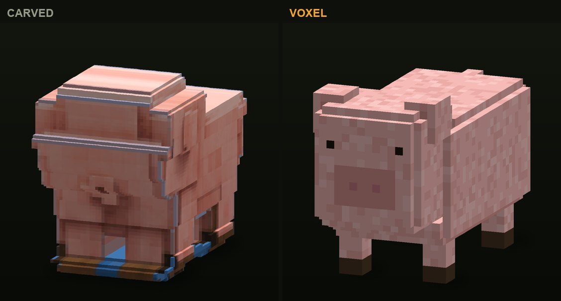 The piglet in CropCorp, before and after: the first carved version and the authored voxel model that shipped