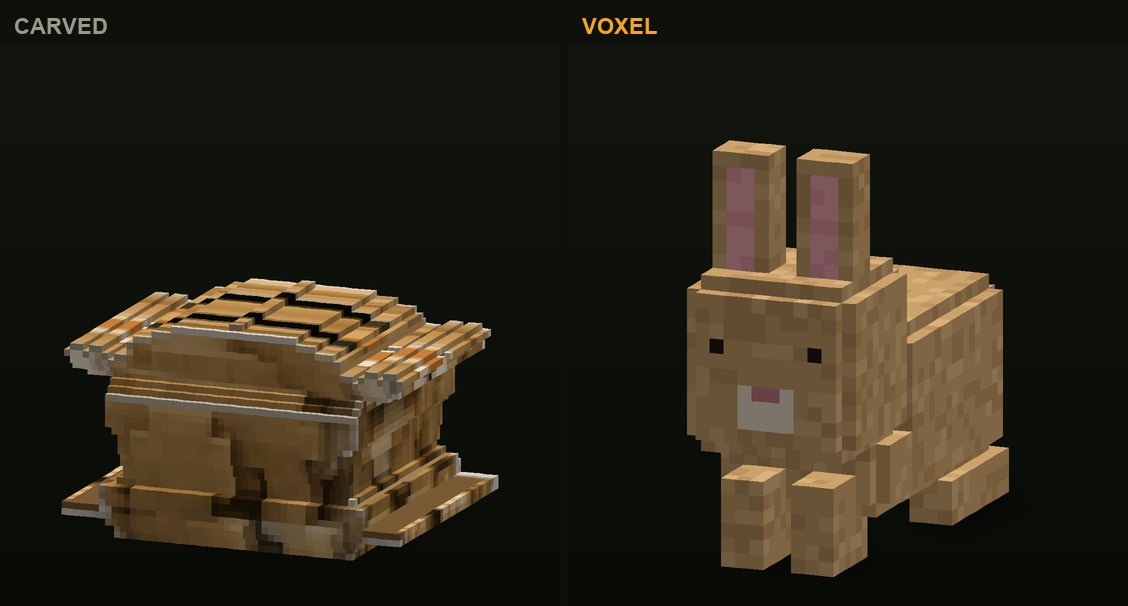 The rabbit in CropCorp, before and after: the first carved version and the authored voxel model that shipped