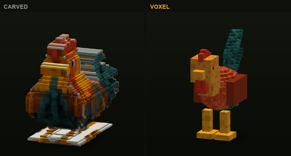 The rooster in CropCorp, before and after: the first carved version and the authored voxel model that shipped