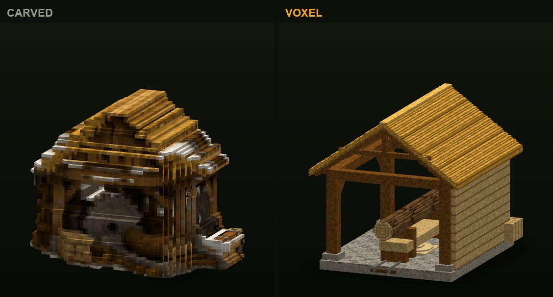 The sawmill in CropCorp, before and after: the first carved version and the authored voxel model that shipped