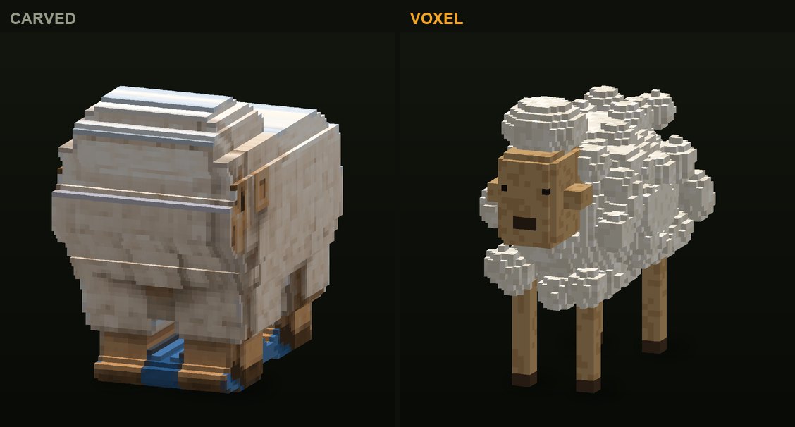 The sheep in CropCorp, before and after: the first carved version and the authored voxel model that shipped