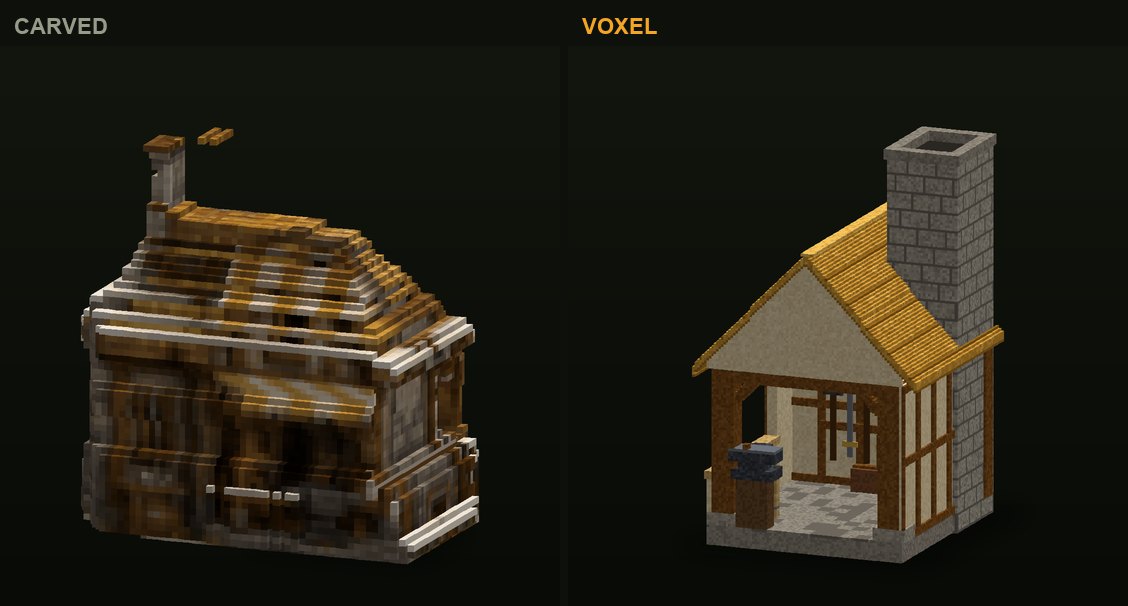 The smithy in CropCorp, before and after: the first carved version and the authored voxel model that shipped