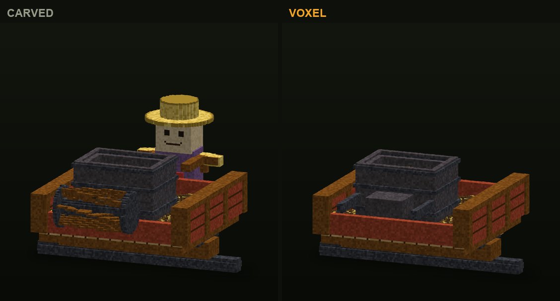 The muck spreader in CropCorp, before and after: the first carved version and the authored voxel model that shipped