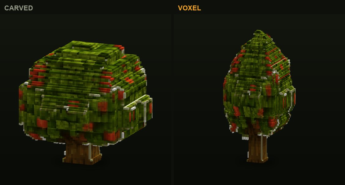 The apple tree in CropCorp, before and after: the first carved version and the authored voxel model that shipped