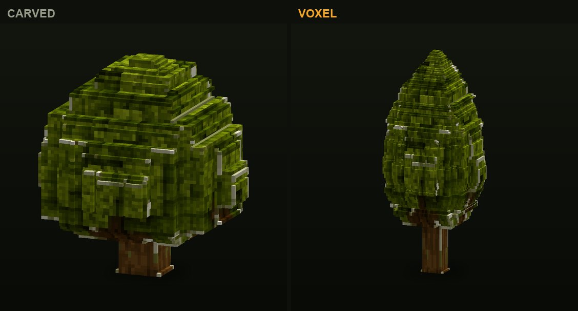 The broadleaf tree in CropCorp, before and after: the first carved version and the authored voxel model that shipped