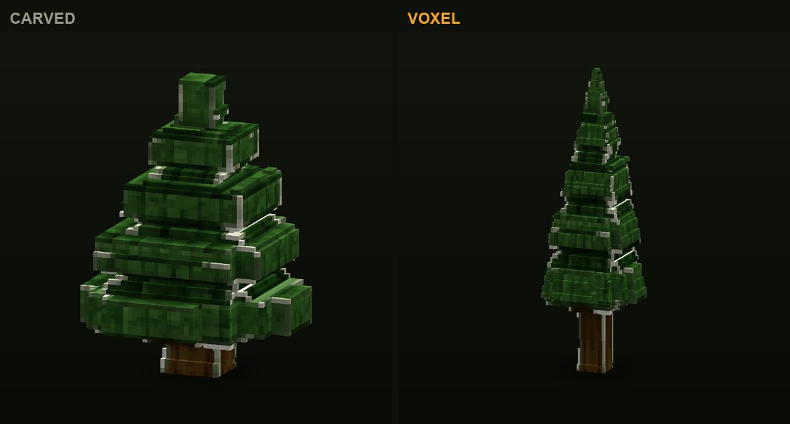 The pine in CropCorp, before and after: the first carved version and the authored voxel model that shipped