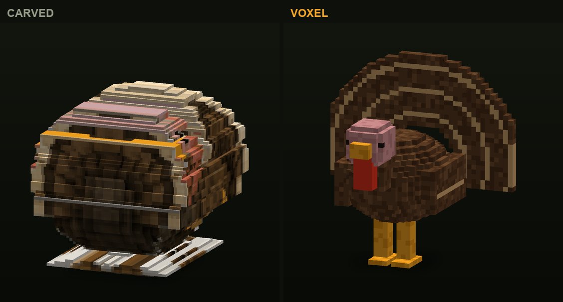 The turkey in CropCorp, before and after: the first carved version and the authored voxel model that shipped