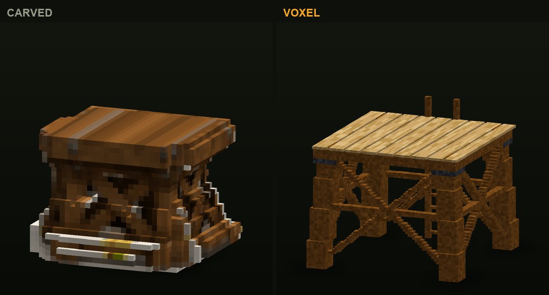 The turret stand in CropCorp, before and after: the first carved version and the authored voxel model that shipped