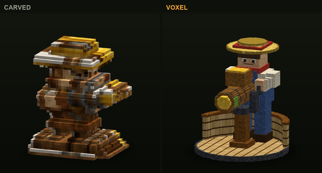 The corn gun in CropCorp, before and after: the first carved version and the authored voxel model that shipped