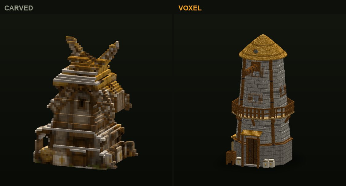 The windmill in CropCorp, before and after: the first carved version and the authored voxel model that shipped