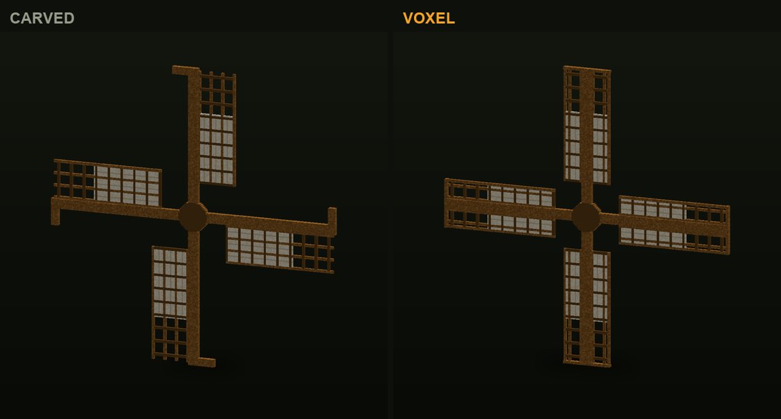 The sails in CropCorp, before and after: the first carved version and the authored voxel model that shipped