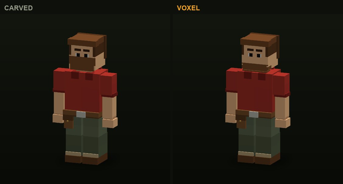 The woodcutter in CropCorp, before and after: the first carved version and the authored voxel model that shipped