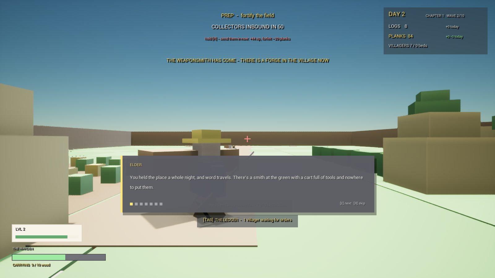 CropCorp screenshot — Day two: the weaponsmith arrives