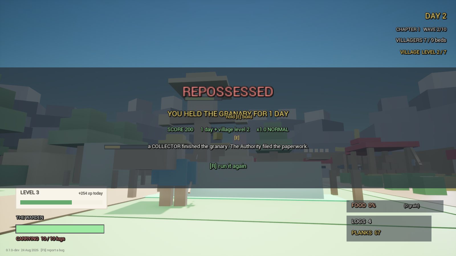 CropCorp screenshot — The defeat readout, with the game still asking you to build