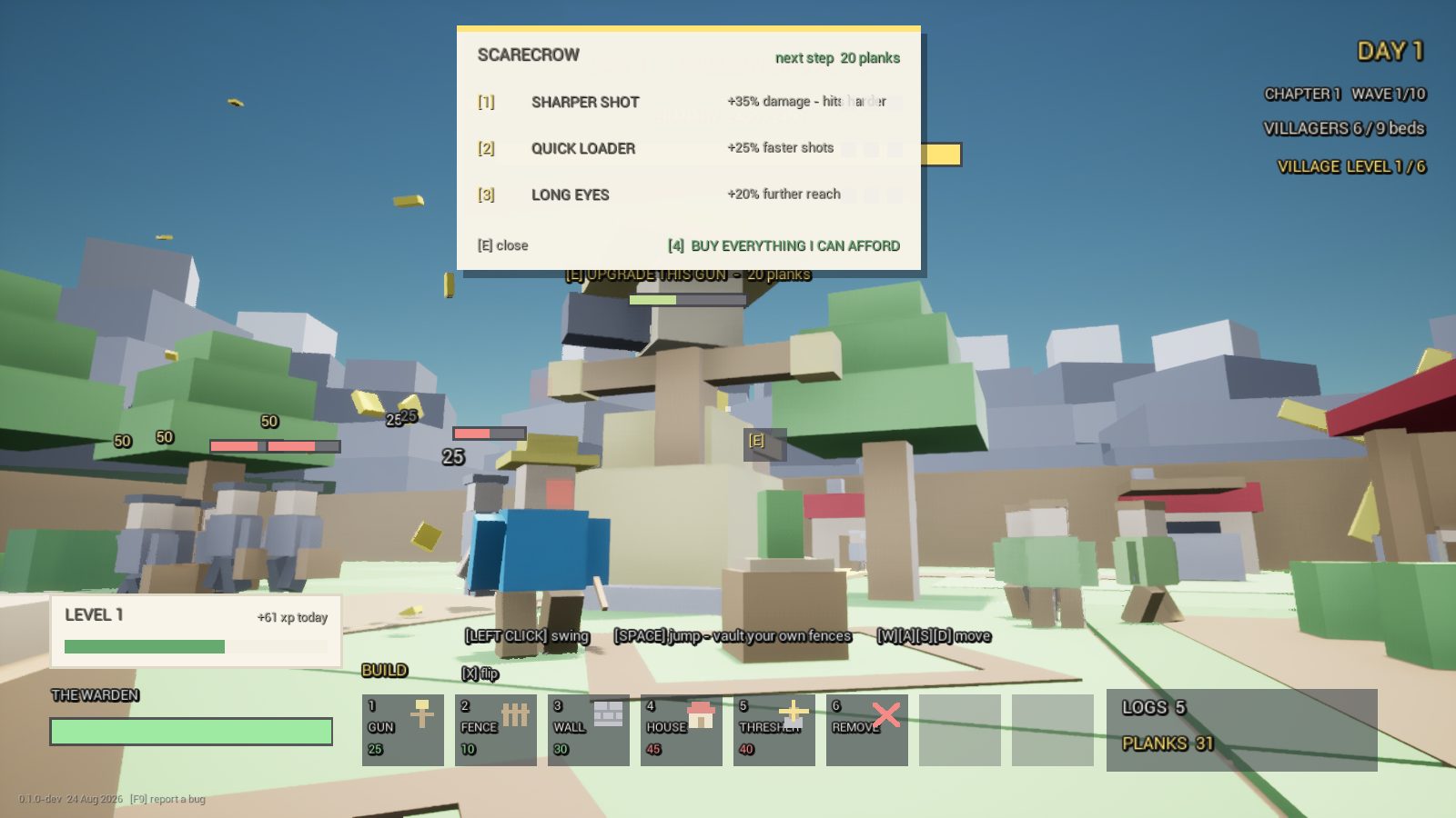 CropCorp screenshot — The gun card, blurb through the pips