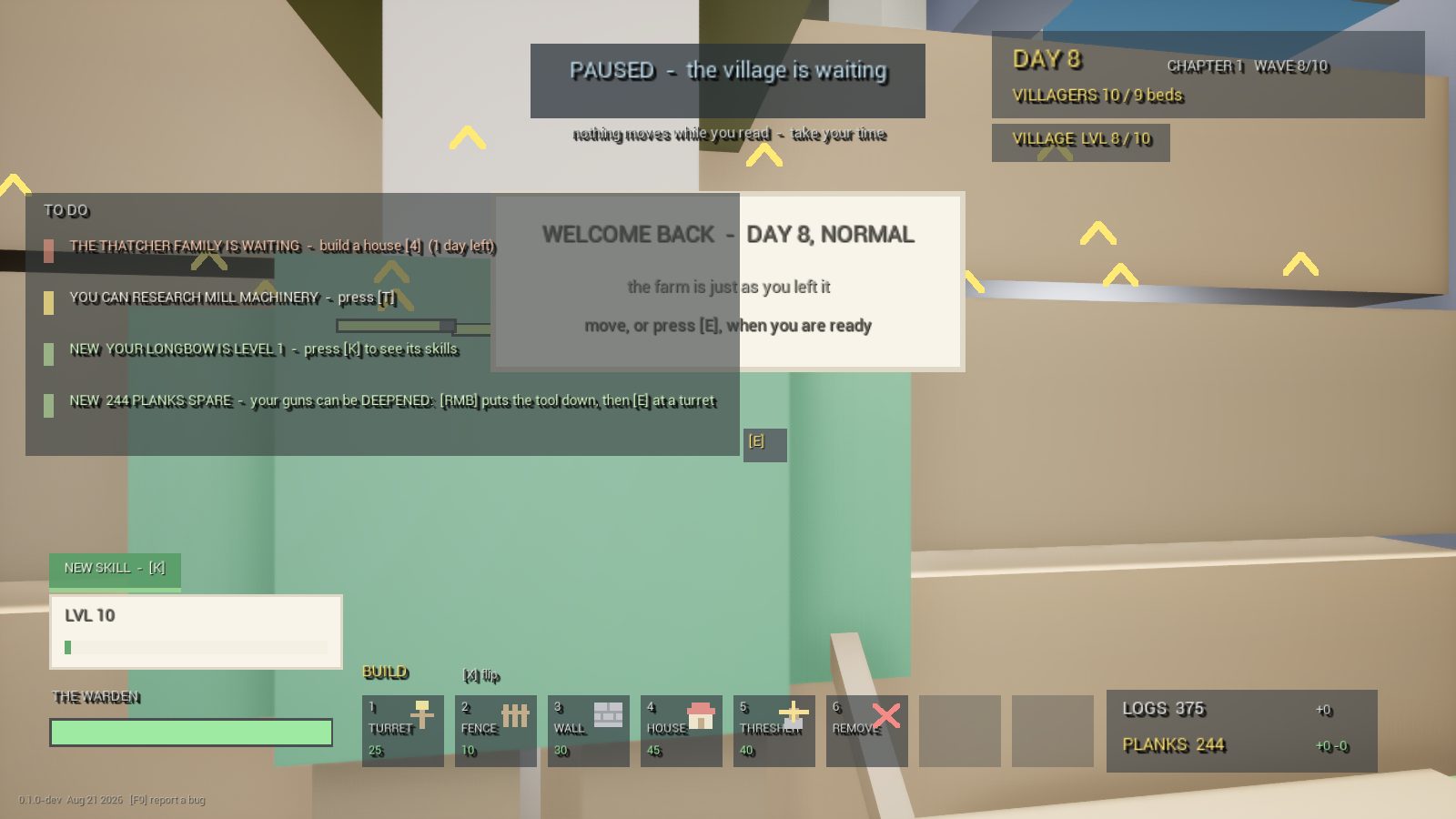 CropCorp screenshot — Resume opens paused, holding the morning