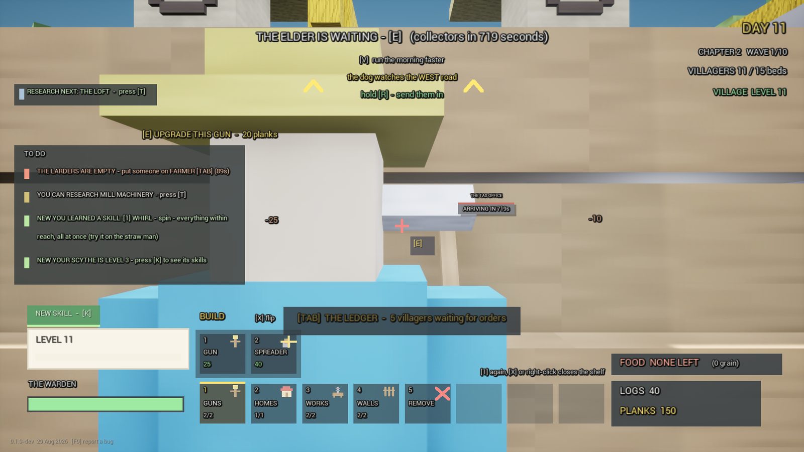 CropCorp screenshot — The GUNS shelf open over the build bar