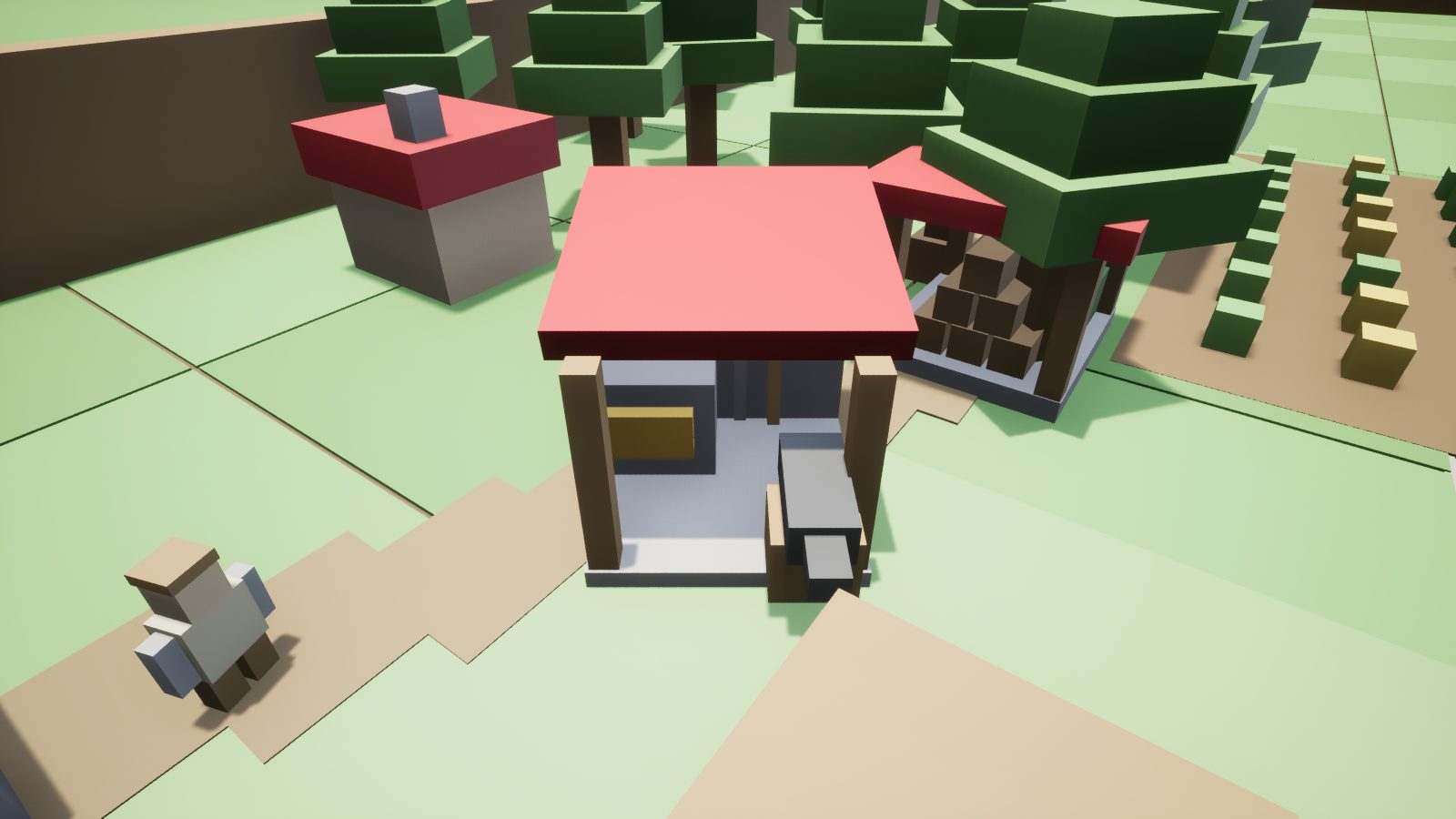 CropCorp screenshot — The smithy, anvil out front in the light