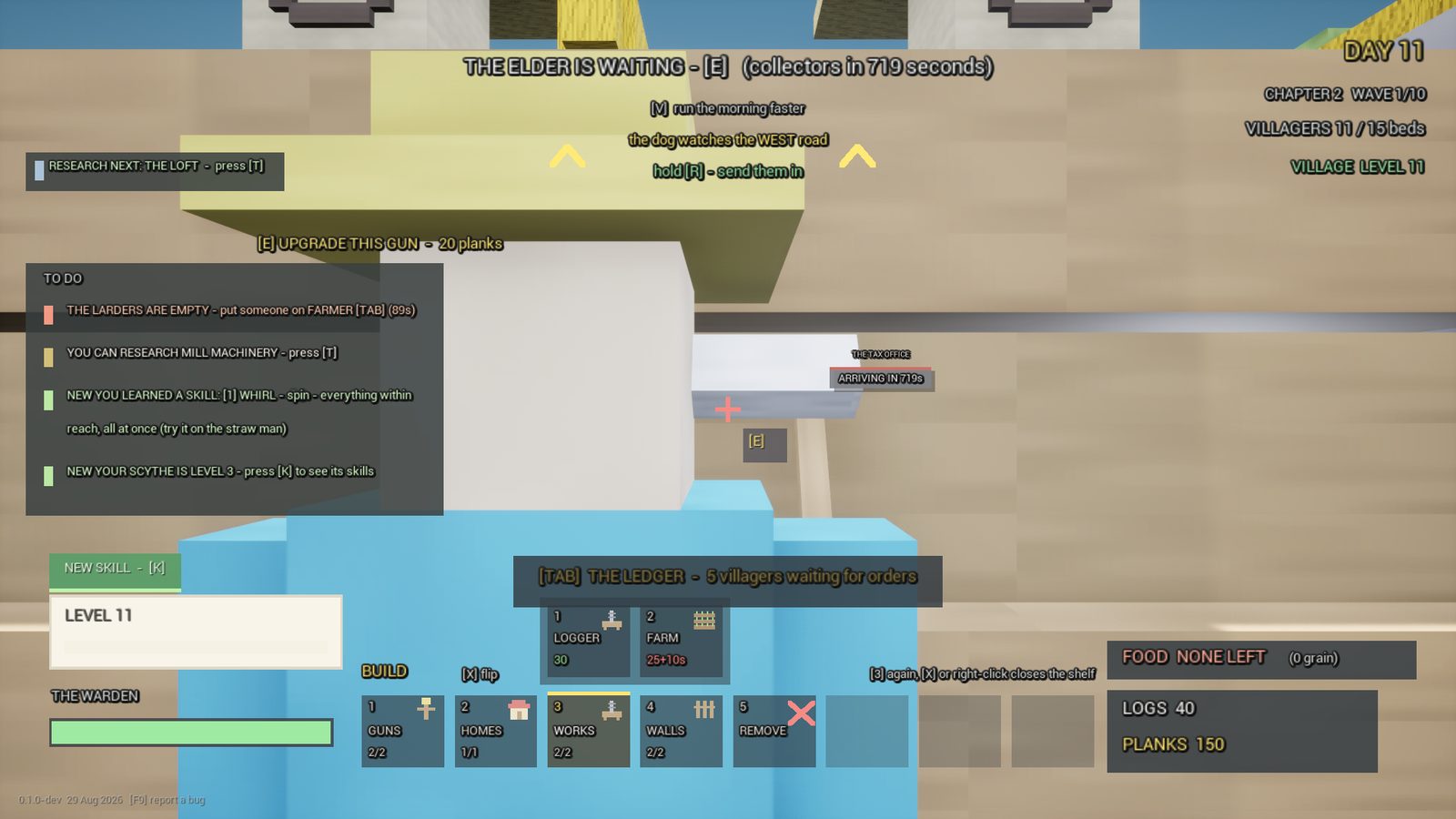 CropCorp screenshot — The WORKS shelf: logger and farm