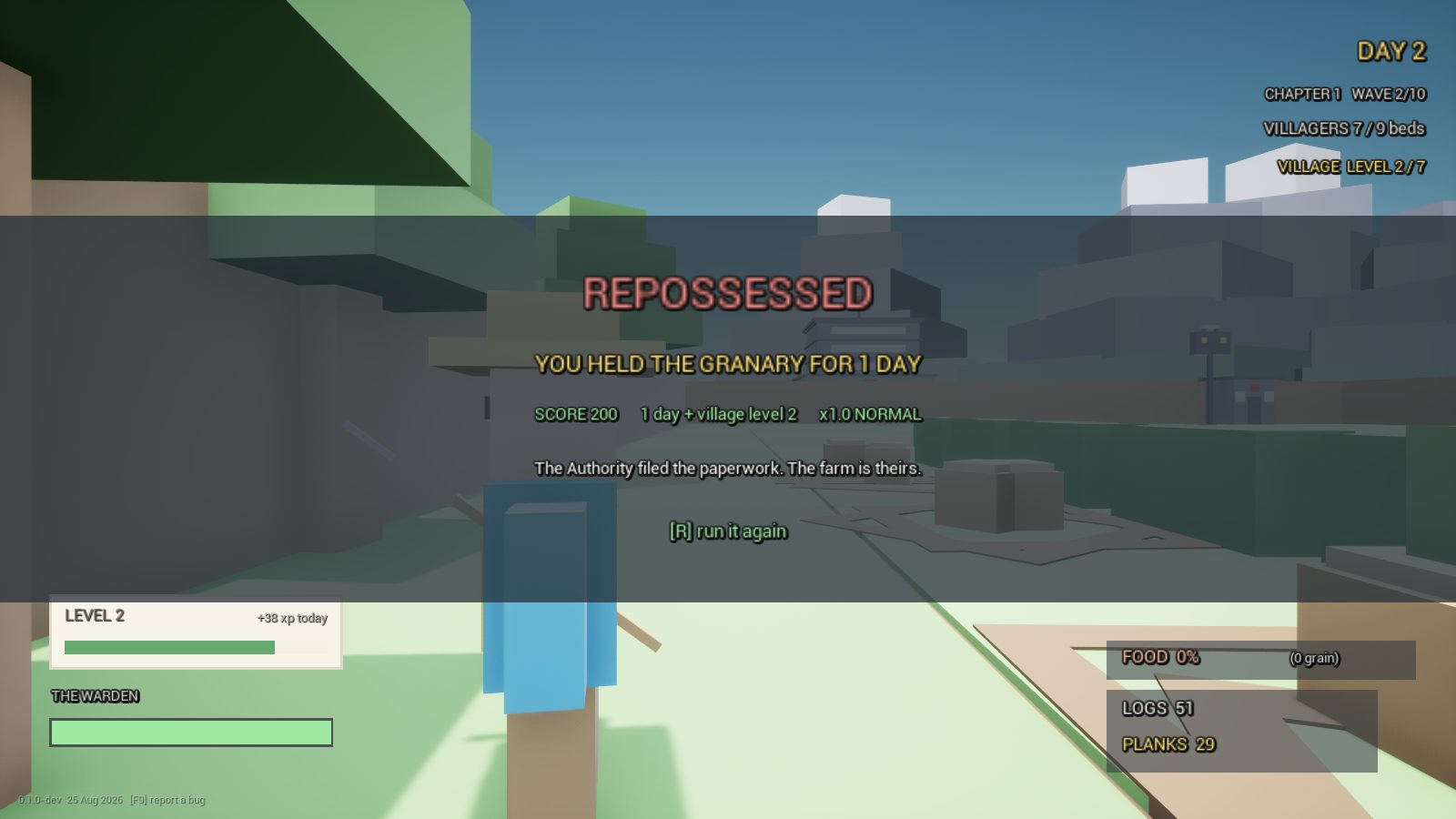 CropCorp screenshot — The defeat readout, alone on the screen