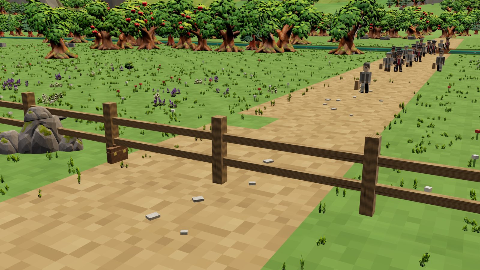 CropCorp gameplay screenshot — The grey-suit collectors walking in along the road