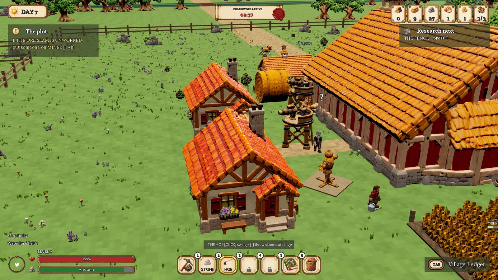CropCorp gameplay screenshot — Day 7, the village from above — HUD on