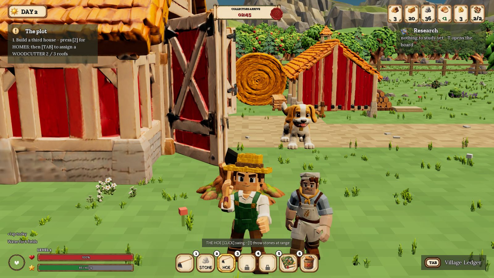 CropCorp gameplay screenshot — Day 2: the Farmer, Bounce and a villager by the barn
