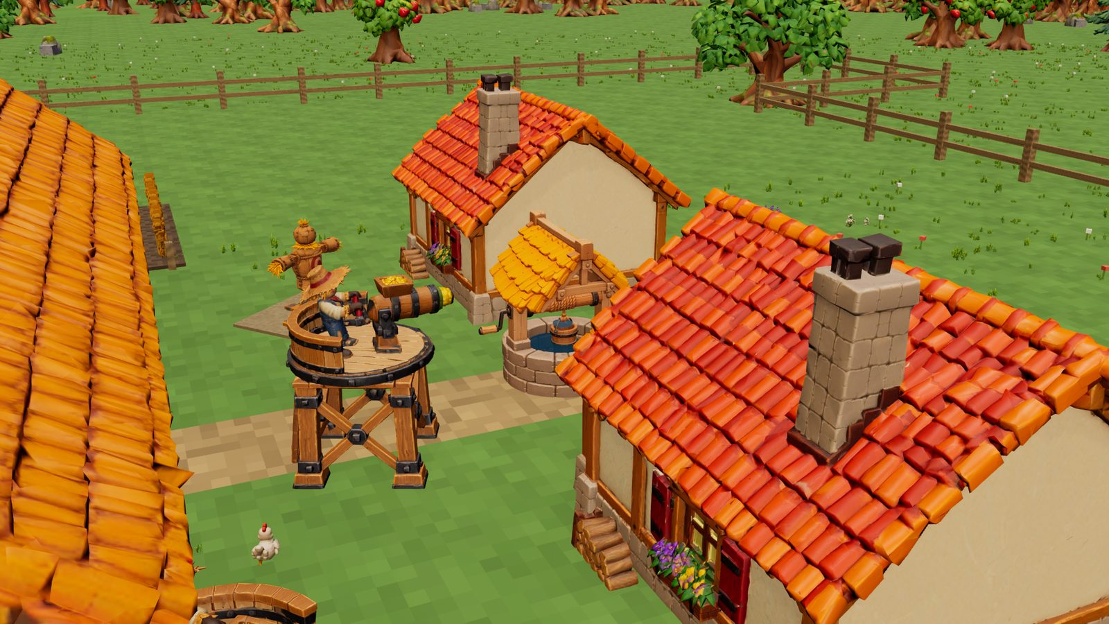 CropCorp gameplay screenshot — A turret on watch by the well, between the cottages